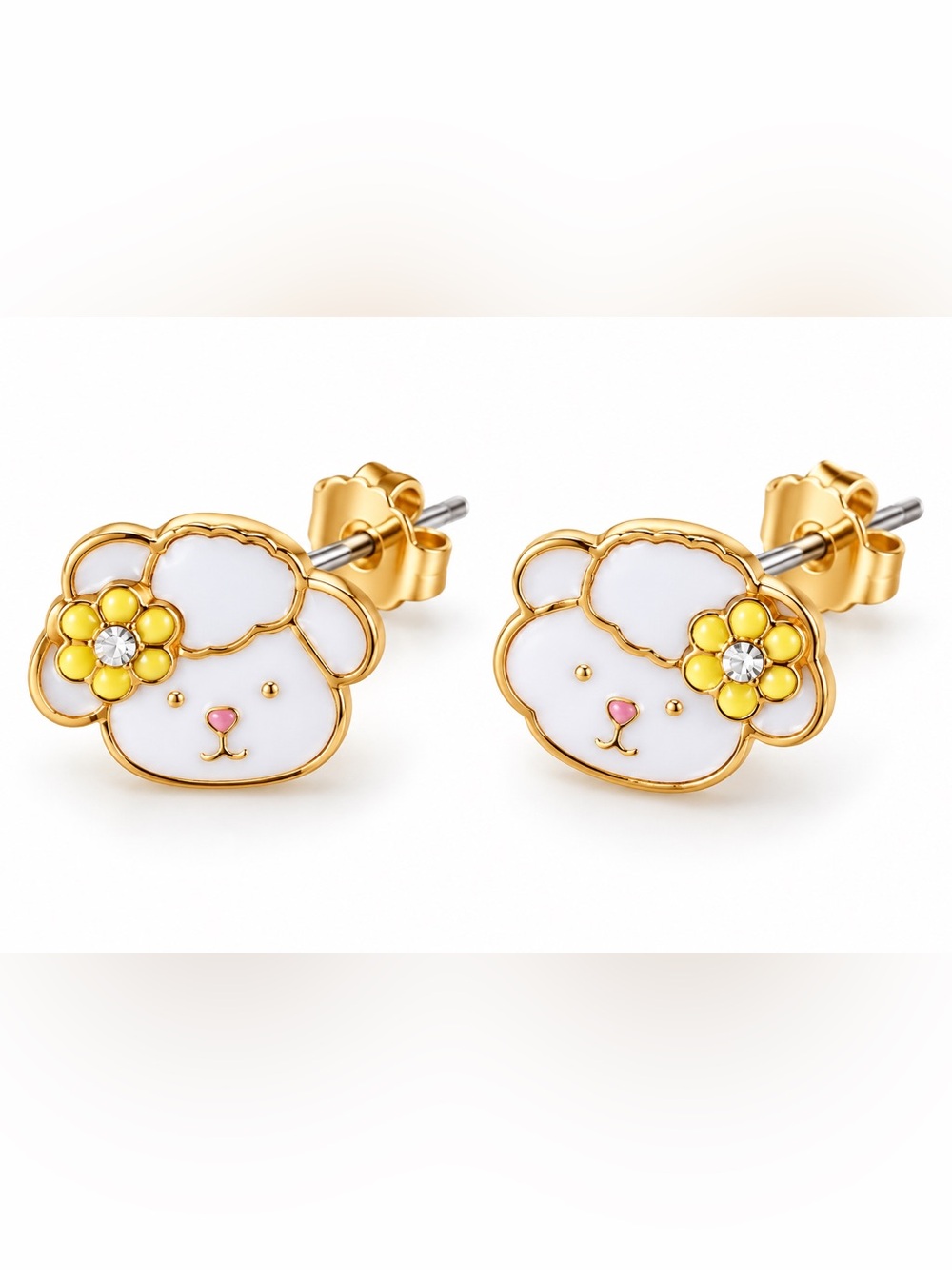 Vintage White Bear Face Stud Earrings with Gold Trim and Yellow Flower